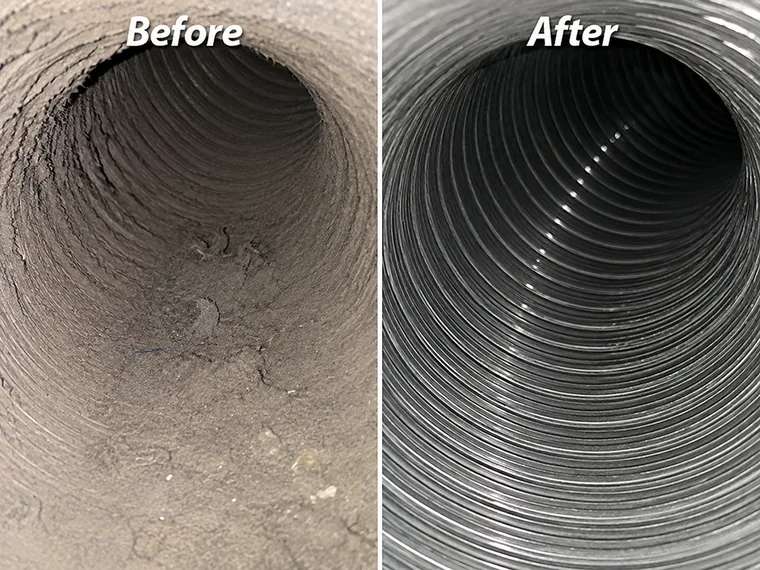Inside a dryer duct caked with a thick felted layer of lint, beside the same duct brushed back to clean ribbed metal