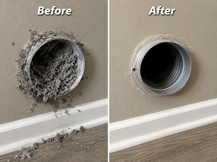A wall dryer vent packed solid with grey lint, beside the same vent cleared back to bare metal